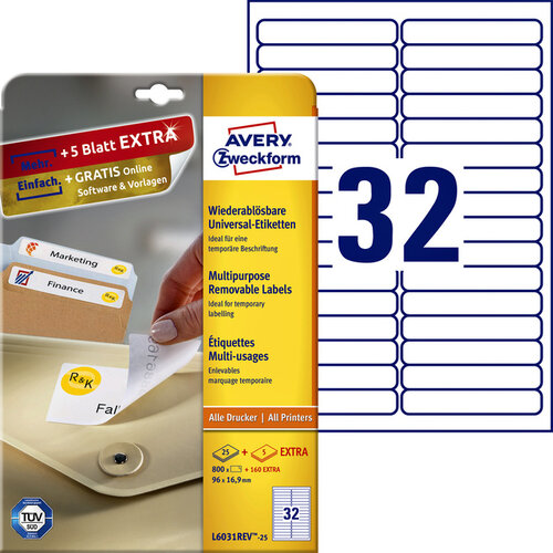 Avery Zweckform Etiket Avery Zweckform L6031REV-25 96x16.9mm afneembaar wit 800stuks