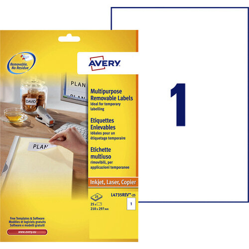 Avery Etiket Avery L4735REV-25 210x297mm A4 afneembaar wit 25stuks