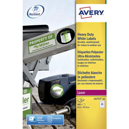 Avery Etiket Avery L4773-20 63.5x33.9mm polyester wit 480stuks