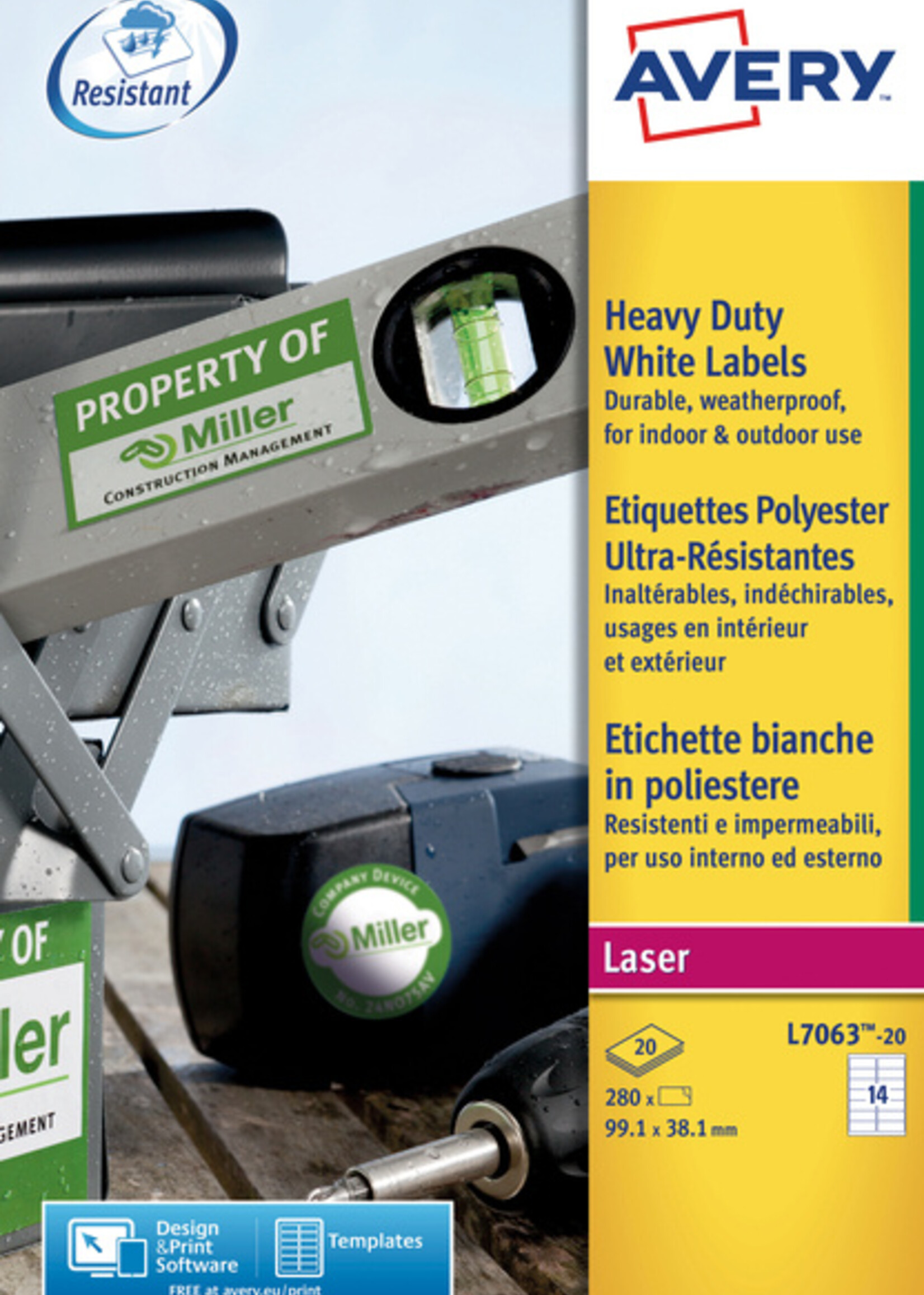 Avery Etiket Avery L7063-20 99.1x38.1mm polyester wit 280stuks