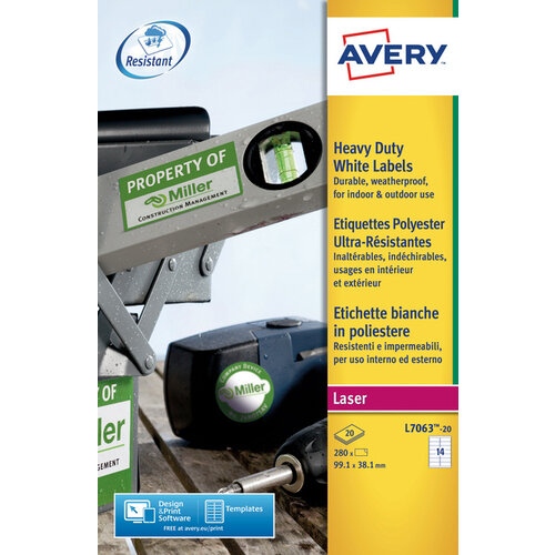 Avery Etiket Avery L7063-20 99.1x38.1mm polyester wit 280stuks