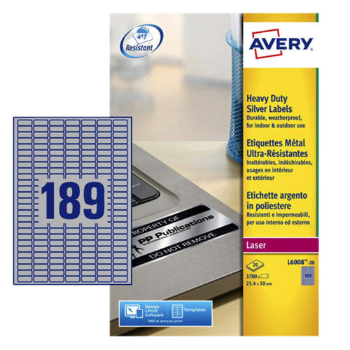 Avery Etiket Avery L6008-20 25.4x10mm zilver 3780stuks