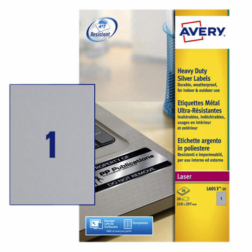 Avery Etiket Avery L6013-20 210x297mm zilver 20stuks