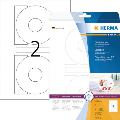 Herma Etiquette HERMA 5079 CD 116mm blanc opaque 50 pièces