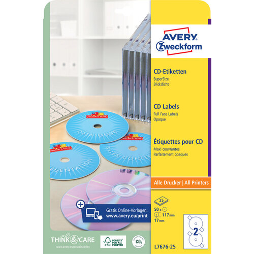 Avery Etiket Avery L7676-25 CD full size mat wit 50stuks