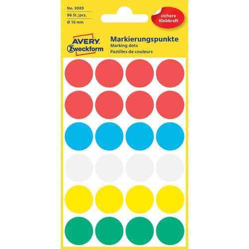 Avery Zweckform Etiket Avery Zweckform 3089 rond 18mm assorti 96stuks