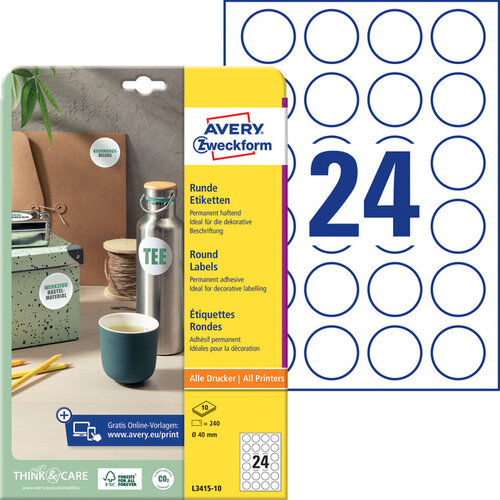 Avery Zweckform Etiket Avery Zweckform L3415-10 rond 40mm wit 240stuks