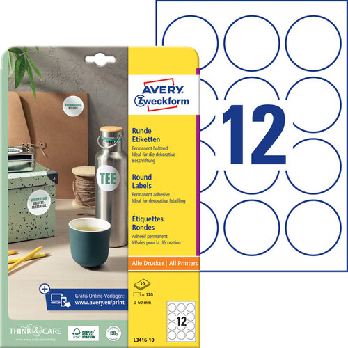 Avery Zweckform Etiket Avery Zweckform L3416-10 rond 60mm wit 120stuks