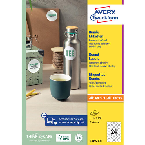 Avery Zweckform Etiket Avery Zweckform L3415 rond 40mm wit