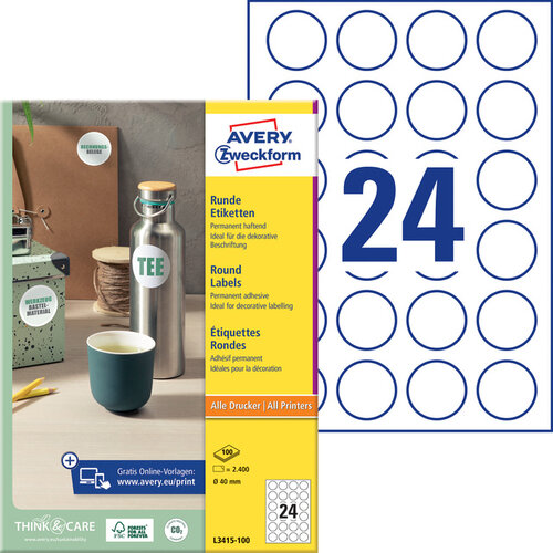 Avery Zweckform Etiket Avery Zweckform L3415 rond 40mm wit