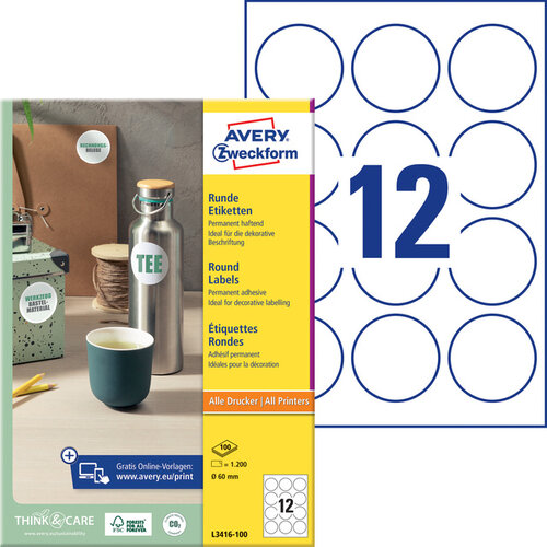 Avery Zweckform Etiket Avery Zweckform L3416 rond 60mm wit