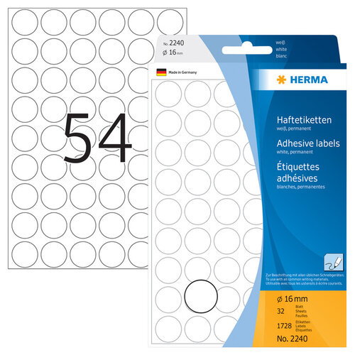 Herma Etiket HERMA 2240 rond 16mm wit 1728stuks