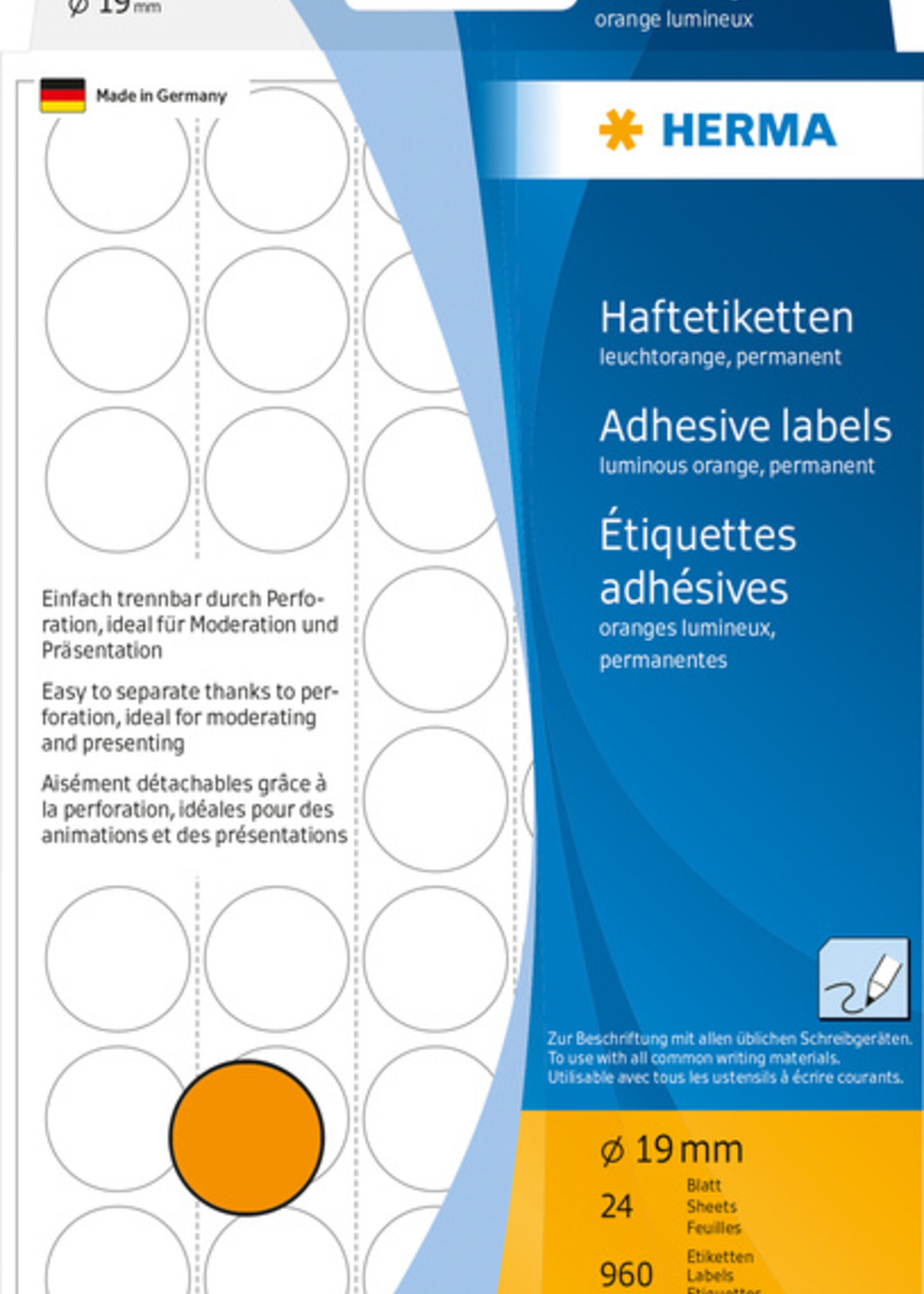 Herma Etiquette HERMA 2254 rond 19mm orange fluo 1280 pièces