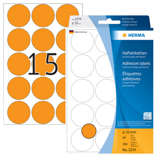 Herma Etiket HERMA 2274 rond 32mm fluor oranje 360stuks