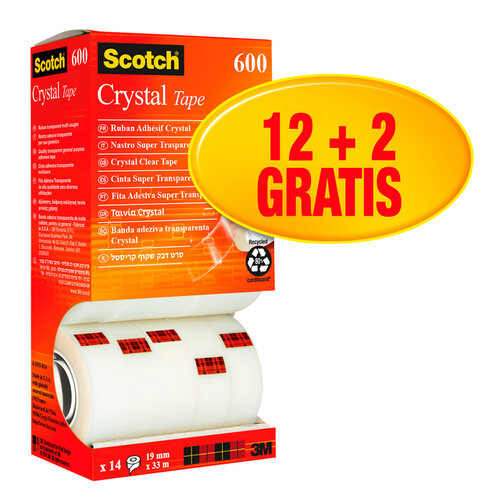 Scotch Plakband Scotch Crystal 600 19mmx33m transparant 12+2 gratis