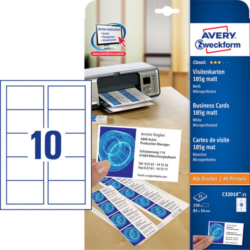 Avery Zweckform Carte de visite Avery Zweckform C32010-25 85x54mm 185g 250 pièces