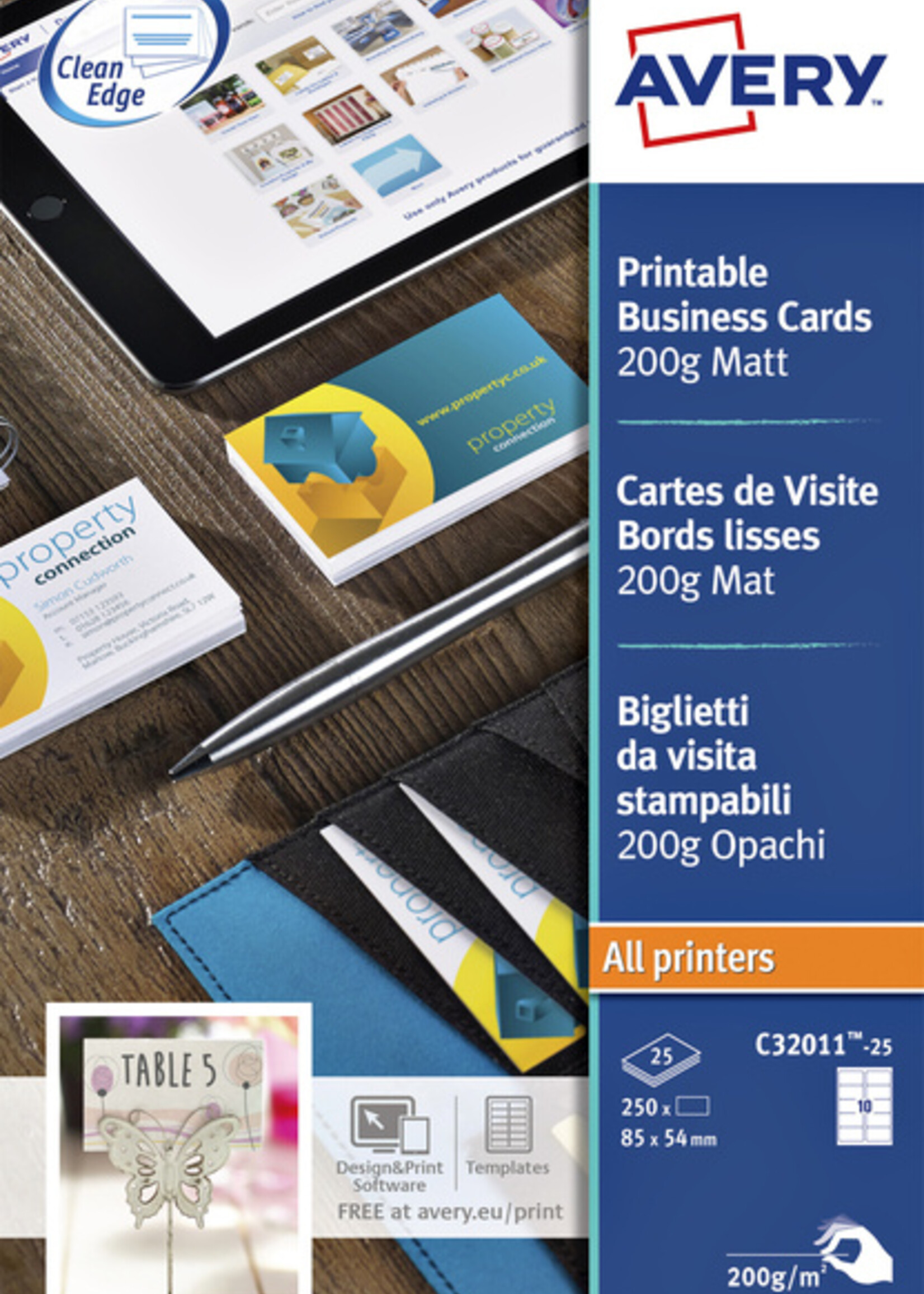 Avery Carte de visite Avery C32011-10 85x54mm 200g 100 pièces