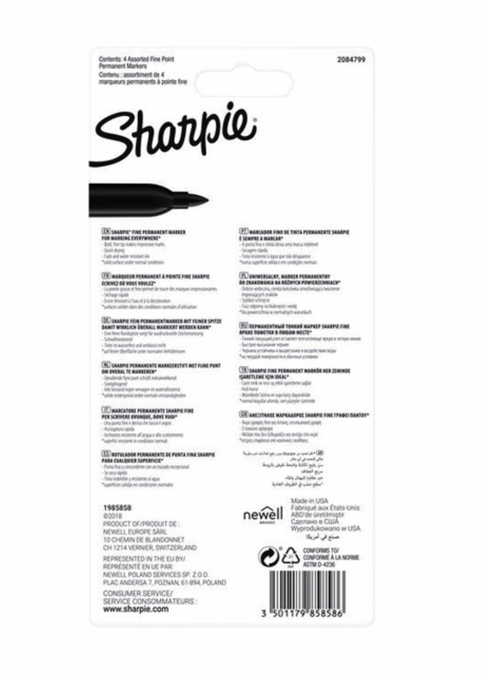 Sharpie Feutre Sharpie pointe ogive 0,9mm assorti blister 4 pièces