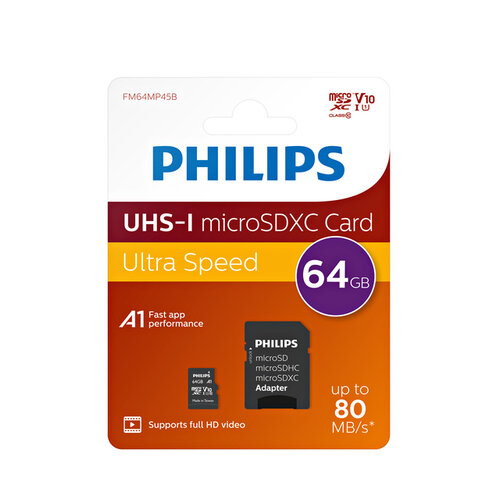 Philips Carte mémoire Philips micro SDXC 10UHS-I U1 64Go