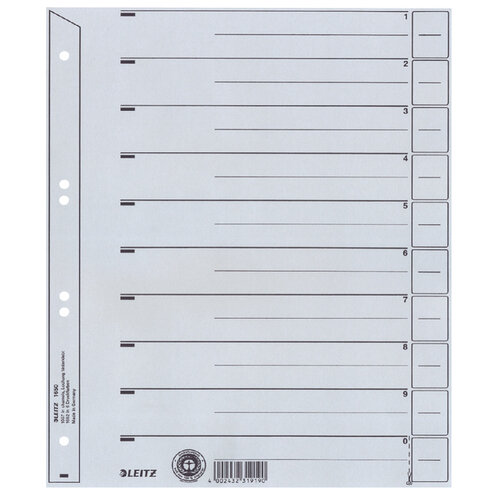 Leitz Intercalaires Leitz 1650 carton 200g A4 4 perforations gris