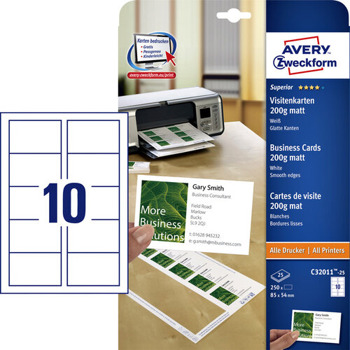 Avery Zweckform Carte de visite Avery Zweckform C32011-25 85x54mm 200g 250 pcs