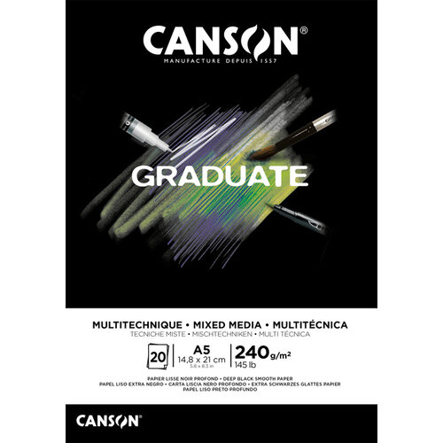 Canson Bloc à dessin Canson Graduate Mixed Media Black paper A5 20 feuilles 240g