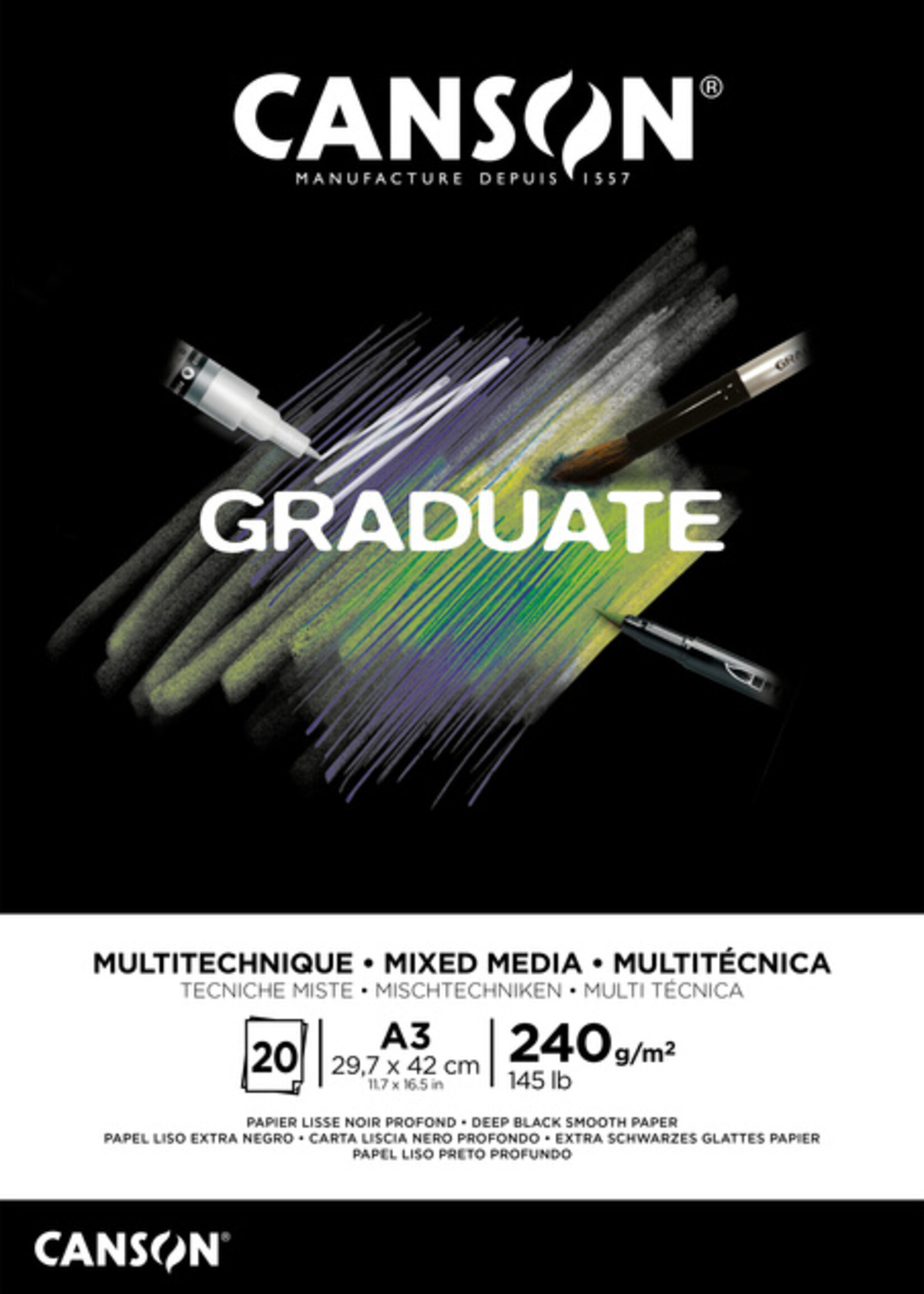 Canson Tekenblok Canson Graduate Mixed Media black paper A3 20vel 240gr
