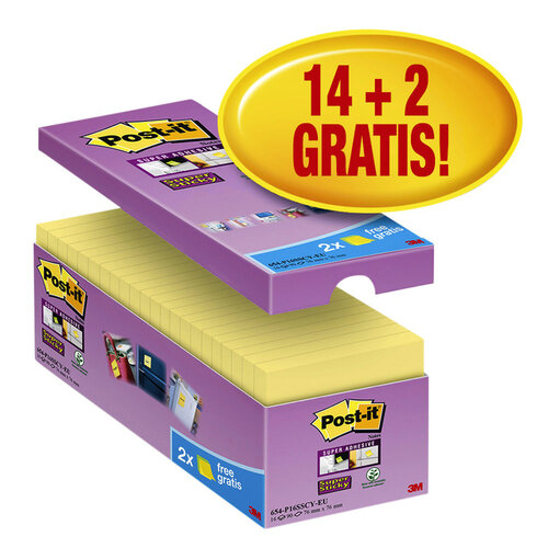 Post-it Memoblok 3M Post-it 654 Super Sticky 76x76mm geel 14+2 gratis