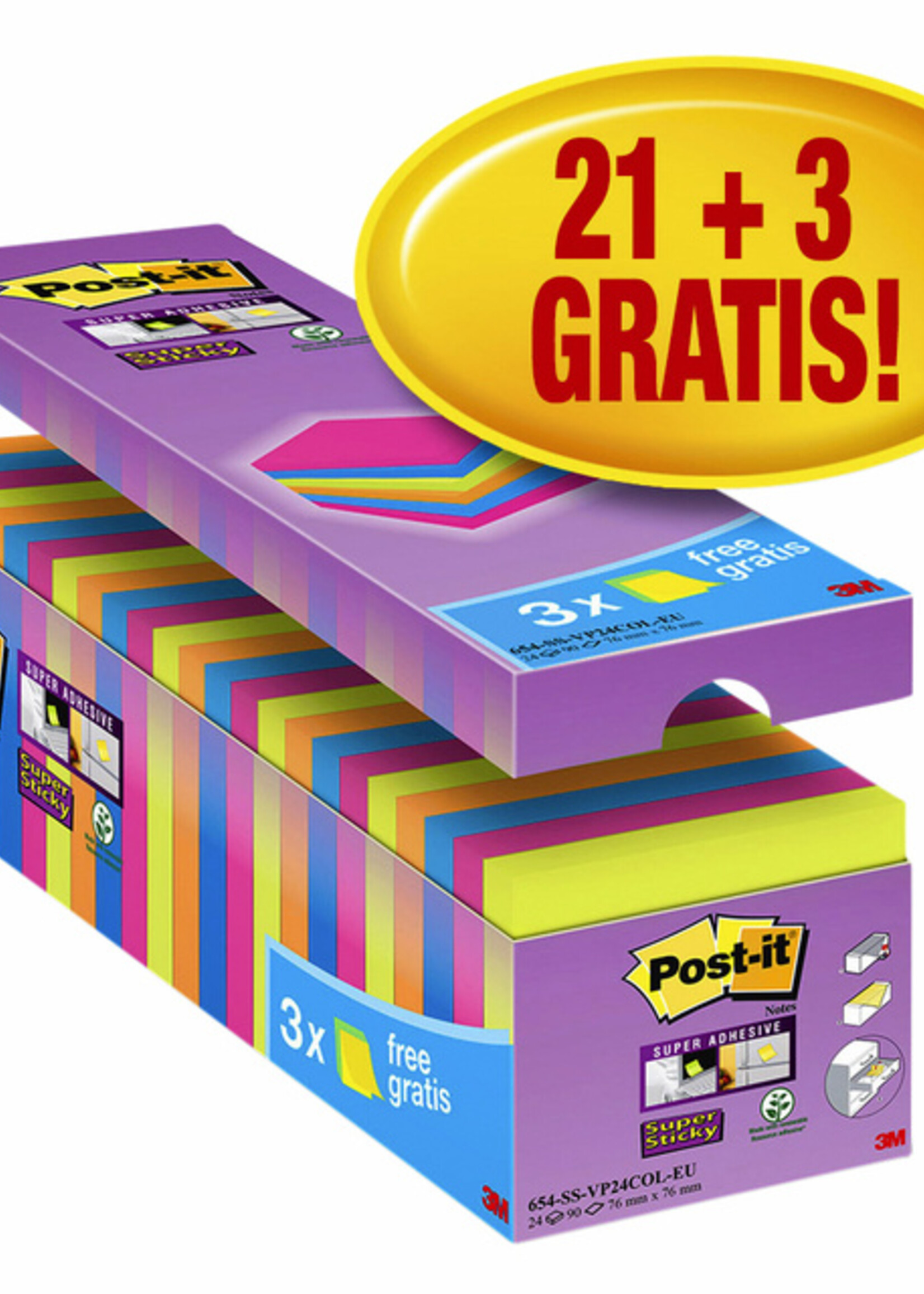 Post-it Bloc-mémos 3M Post-it 654 Super Sticky 76x76mm 21+3 gratuits assorti