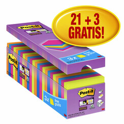 Bloc-mémos 3M Post-it 654 Super Sticky 76x76mm 21+3 gratuits assorti