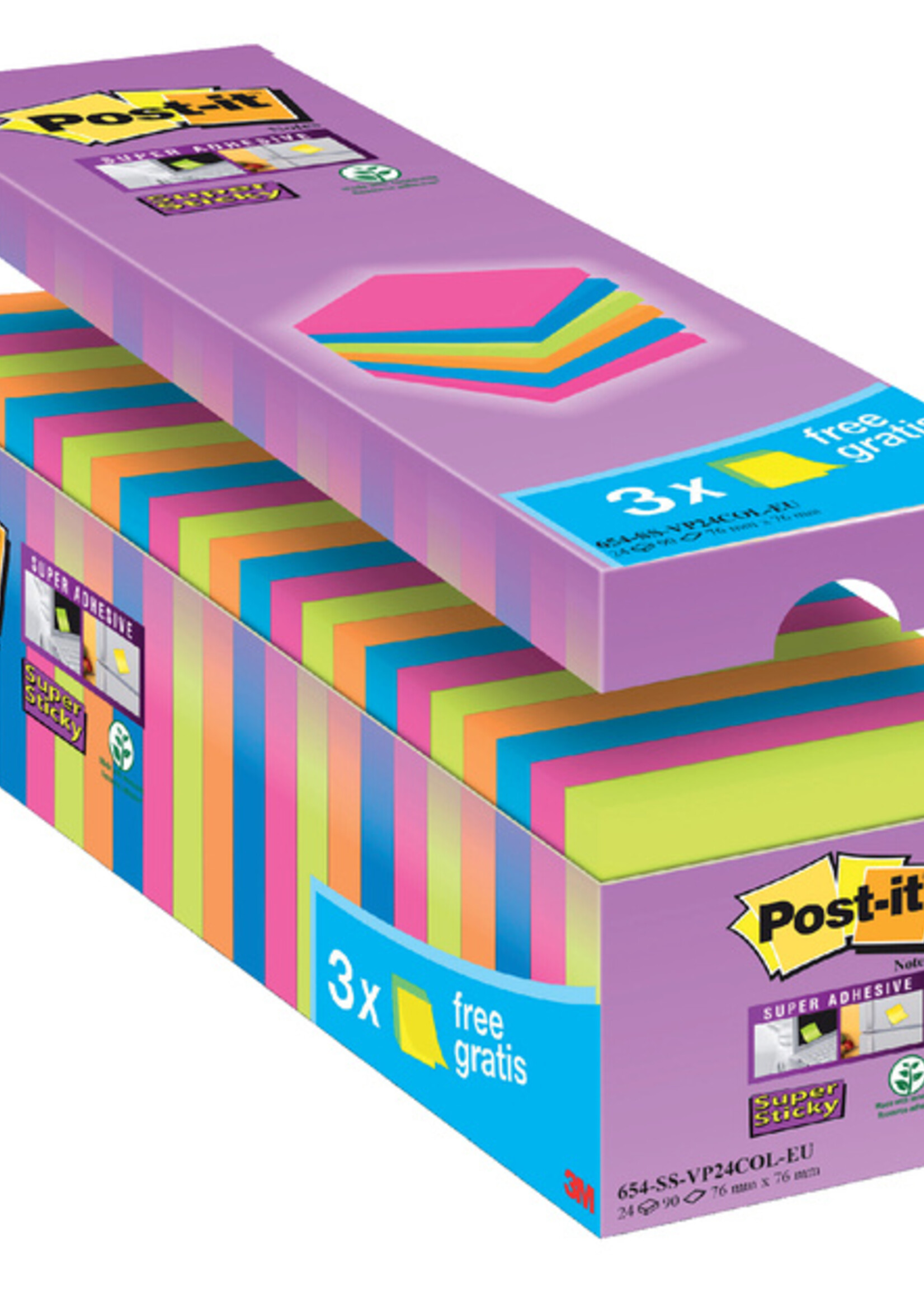 Post-it Bloc-mémos 3M Post-it 654 Super Sticky 76x76mm 21+3 gratuits assorti