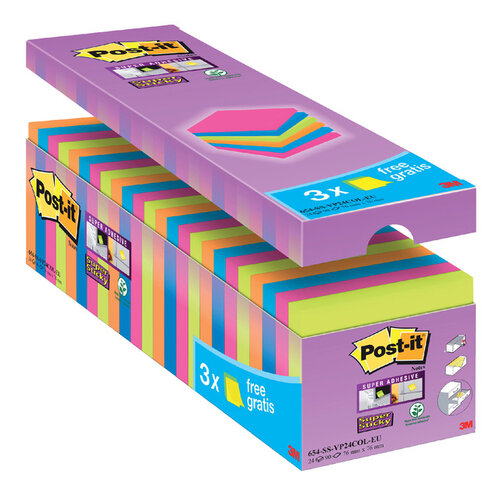 Post-it Bloc-mémos 3M Post-it 654 Super Sticky 76x76mm 21+3 gratuits assorti