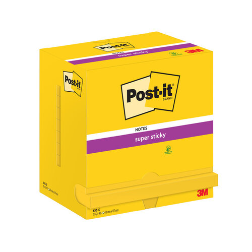 Post-it Bloc mémos 3M Post-it 655 Super Sticky 76x127mm néon jaune