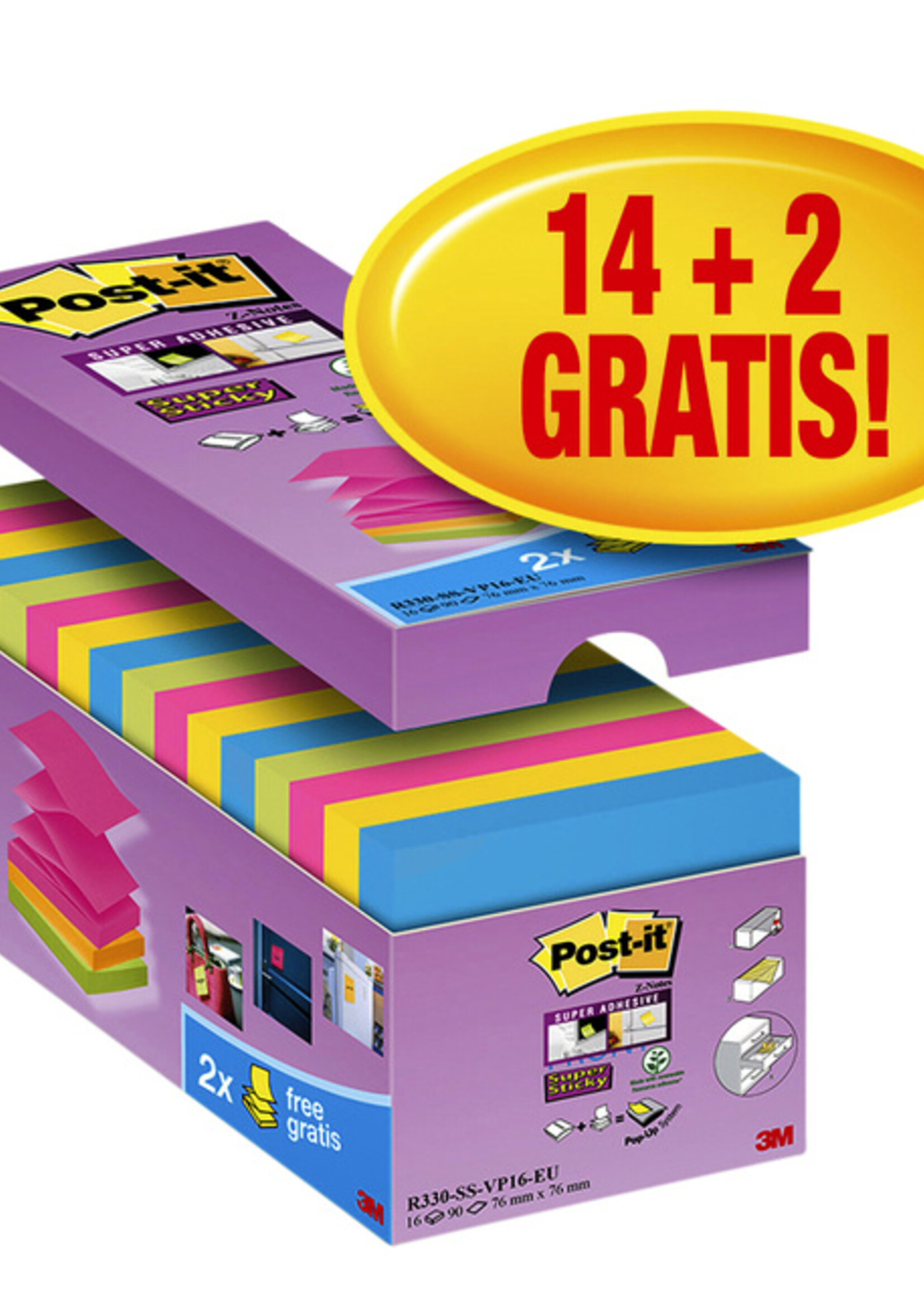 Post-it Bloc-mémos Post-it Z-Note S330-16 76x76mm Super Sticky 14+2