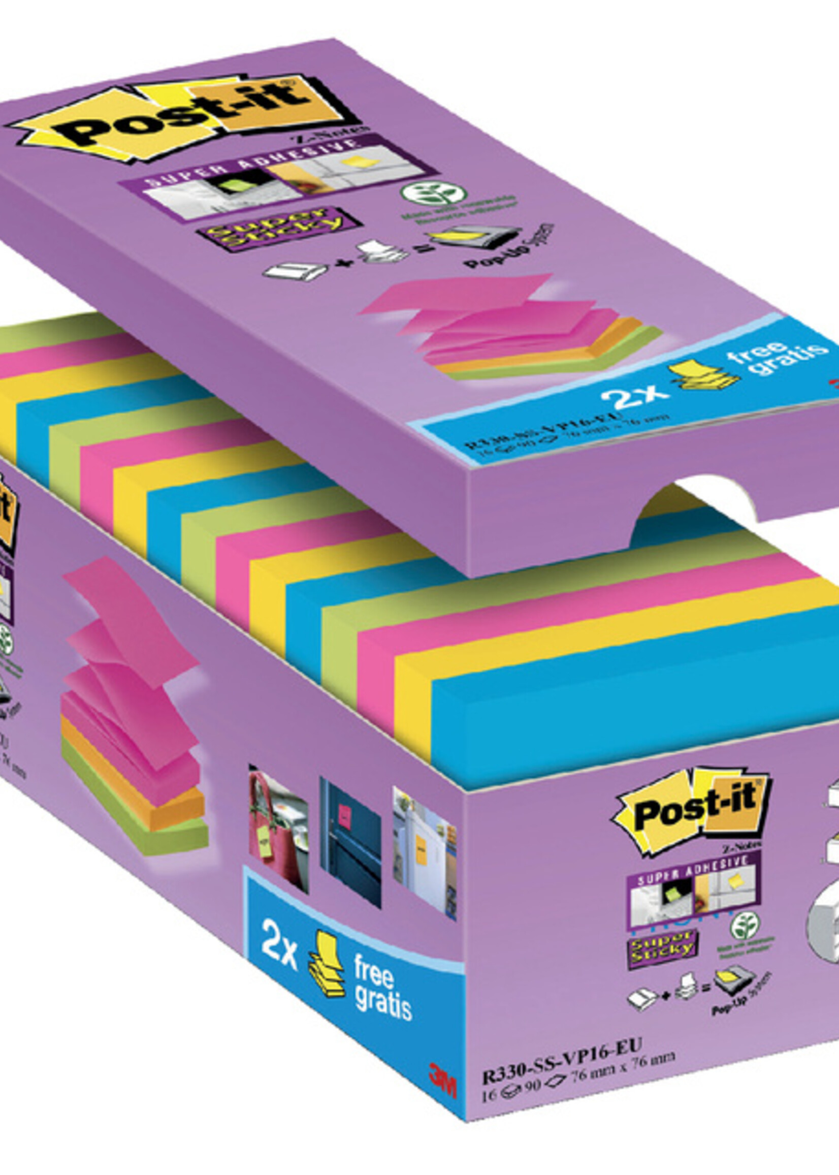 Post-it Bloc-mémos Post-it Z-Note S330-16 76x76mm Super Sticky 14+2