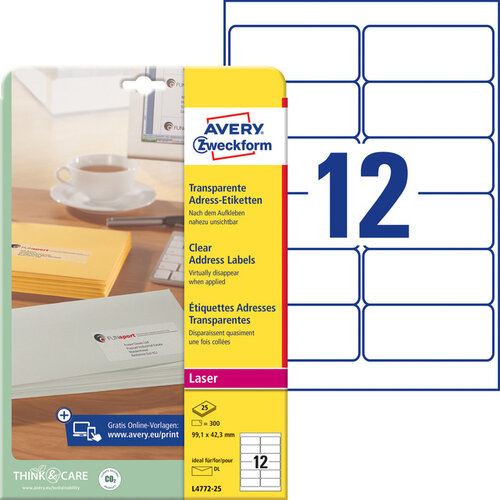 Avery Zweckform Etiket Avery Zweckform L4772-25 99.1x42.3 mm transparant mat 300stuks