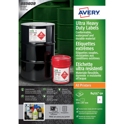 Avery Etiquette Avery B4775-50 210x297mm polyéthylène blanc 50 pièces