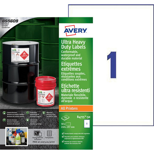 Avery Etiquette Avery B4775-50 210x297mm polyéthylène blanc 50 pièces