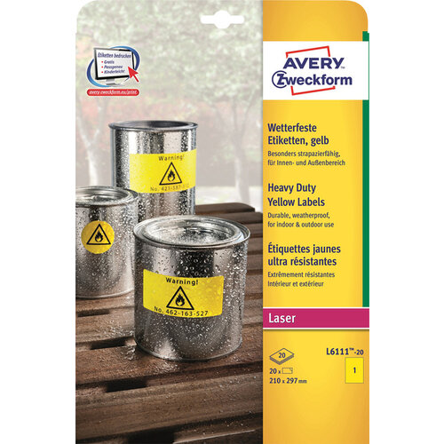 Avery Zweckform Etiket Avery Zweckform L6111-20 210x297mm geel 20stuks