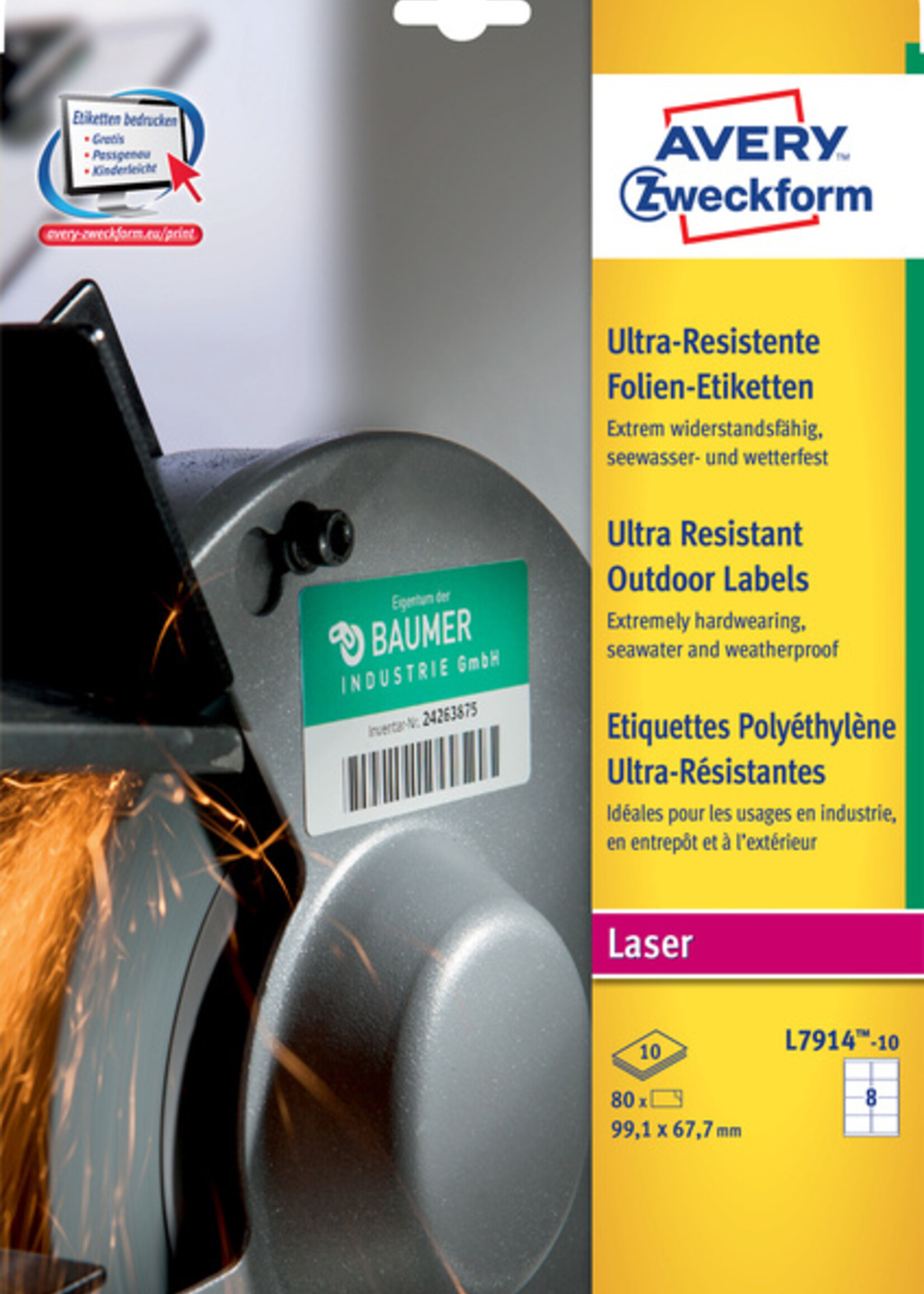 Avery Zweckform Etiket Avery Zweckform L7914-10 99.1x67.7mm polyester wit 80stuks