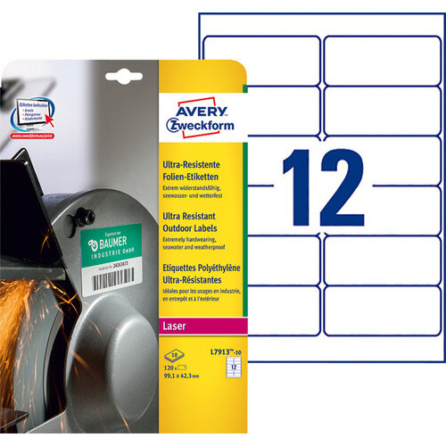 Avery Zweckform Etiket Avery Zweckform L7913-10 99.1x42.3mm polyester wit 120stuks