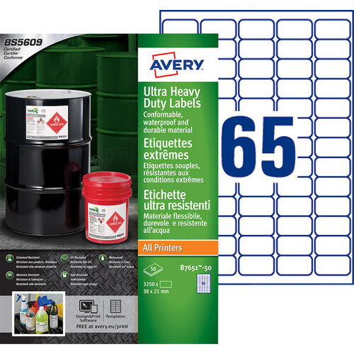 Avery Etiket Avery B7651-50 38x21mm polyethyleen wit 3250stuks