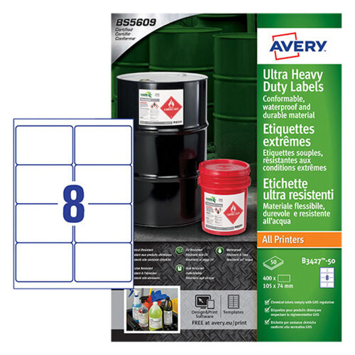 Avery Etiket Avery B3427-50 105x74mm polyethyleen wit 400stuks