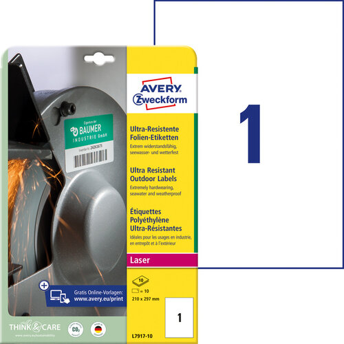 Avery Zweckform Etiket Avery Zweckform L7917-10 210x297mm polyethyleen wit 10stuks