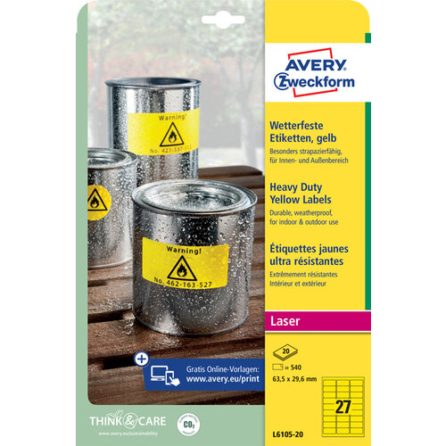 Avery Zweckform Etiket Avery Zweckform L6105-20 63.5x29.6mm geel 540stuks