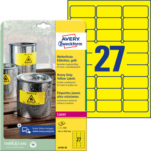 Avery Zweckform Etiket Avery Zweckform L6105-20 63.5x29.6mm geel 540stuks