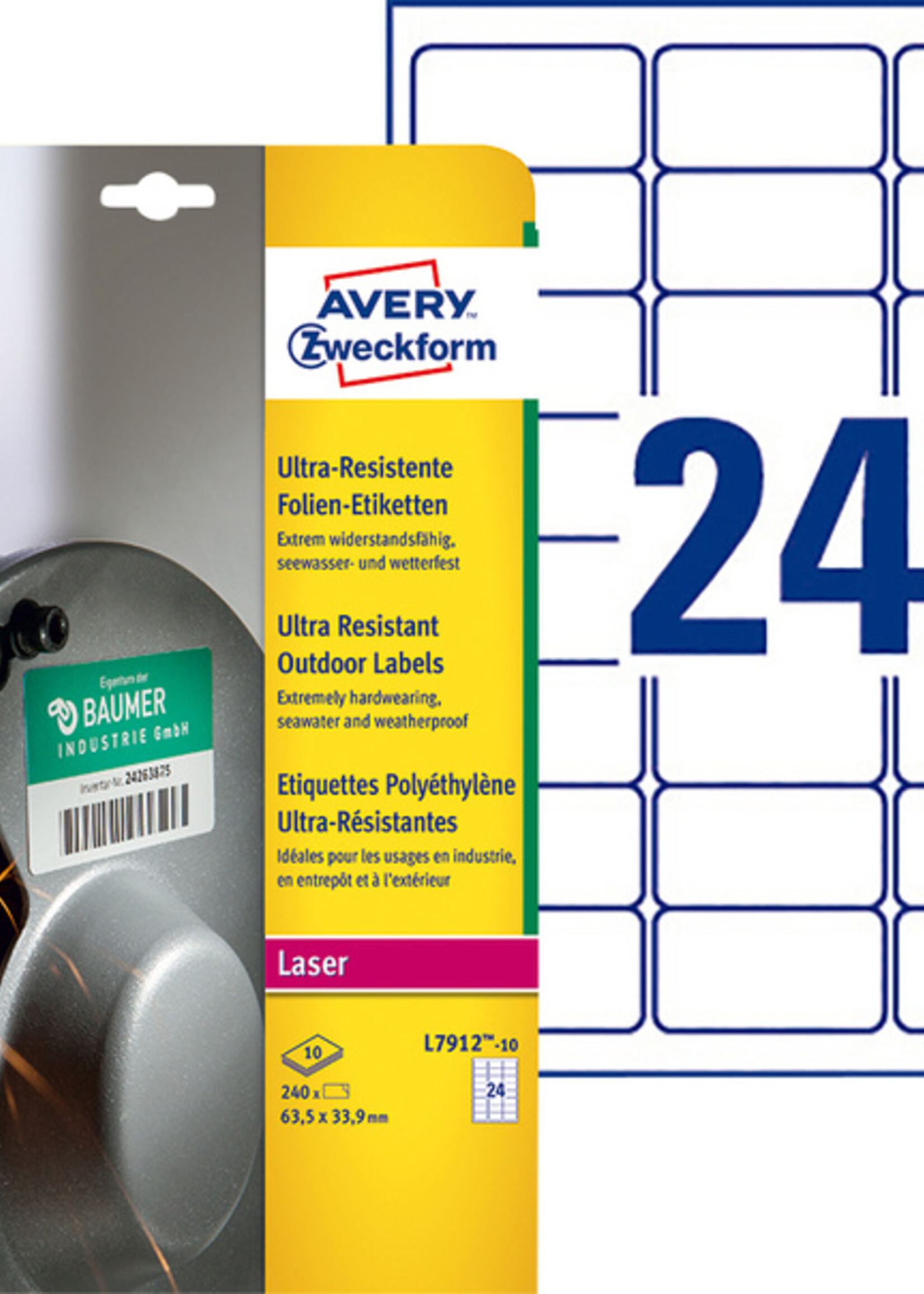 Avery Zweckform Etiket Avery Zweckform L7912-10 63.5x33.9mm polyethyleen wit 240stuks