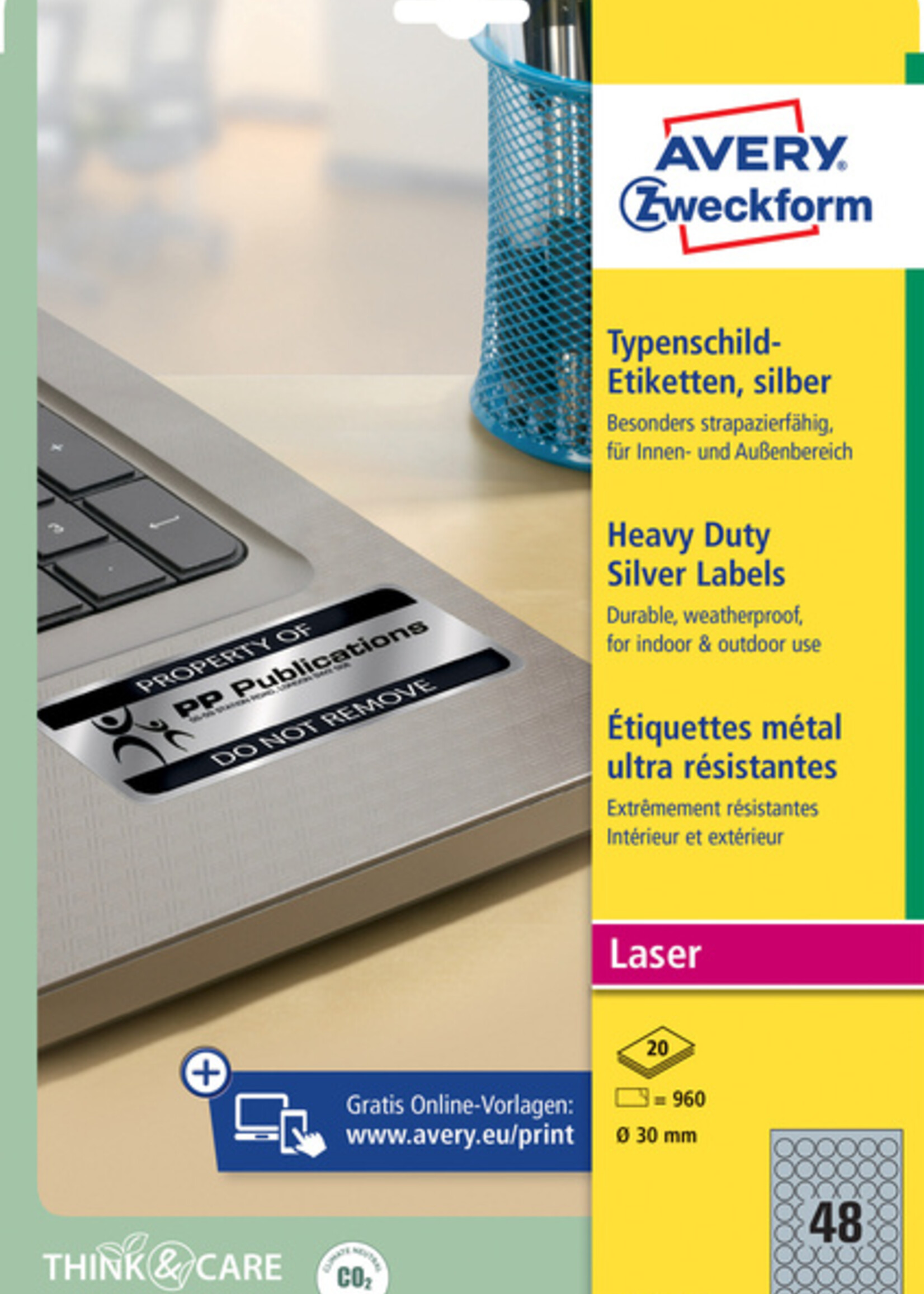 Avery Zweckform Etiket Avery Zweckform L6129-20 rond 30mm zilver 960stuks