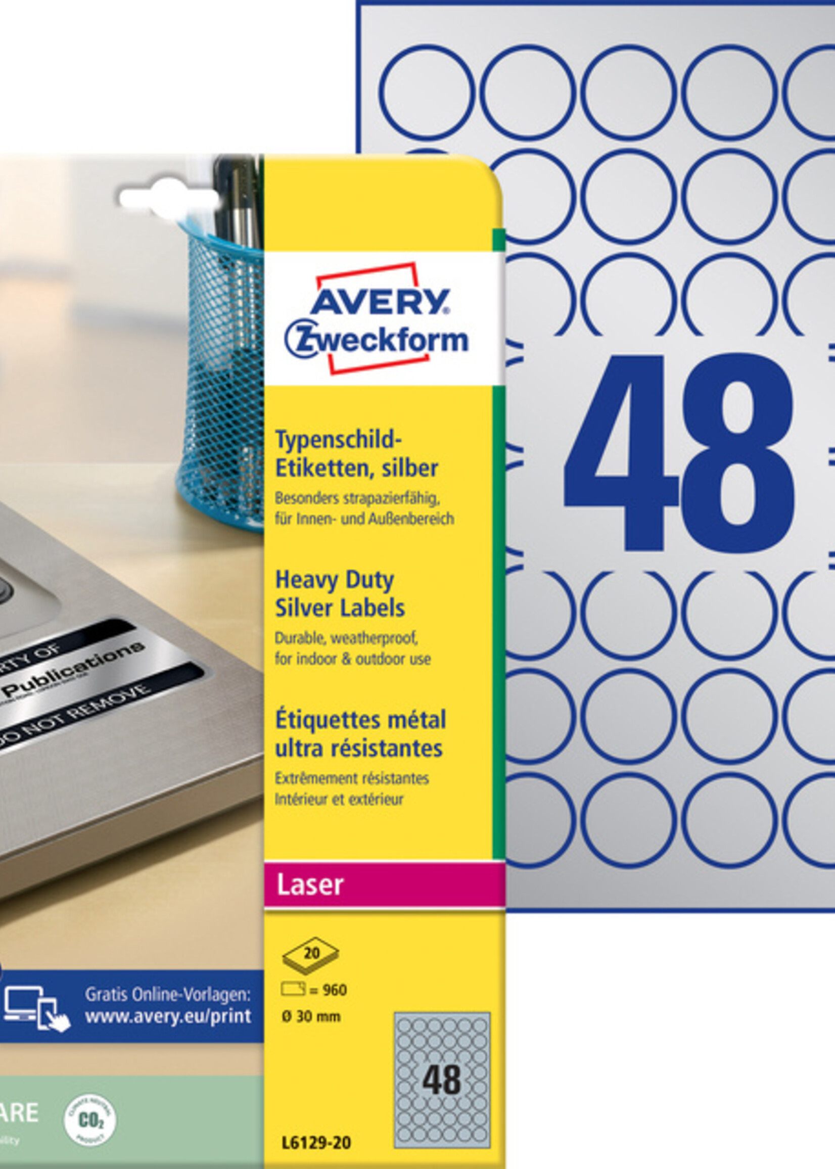 Avery Zweckform Etiket Avery Zweckform L6129-20 rond 30mm zilver 960stuks