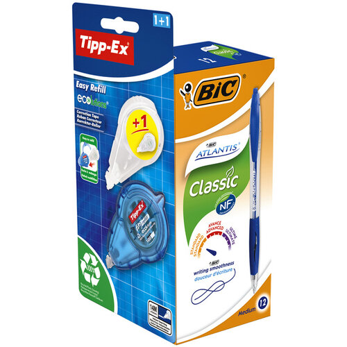 Bic Stylo bille BIC Atlantis + Tipp-ex Easy gratuit Medium bleu boîte 12 pièces